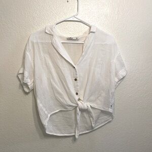 Hollister white tie-front button-up top with floral embroidery